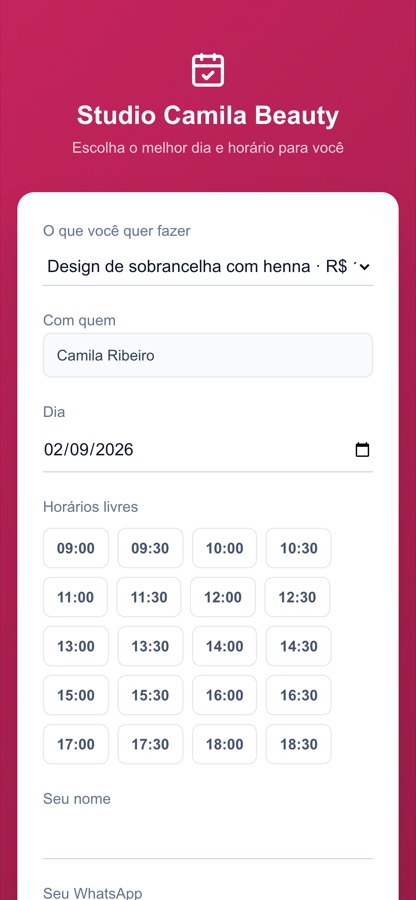 A tela que a cliente abre para marcar horário, no celular
